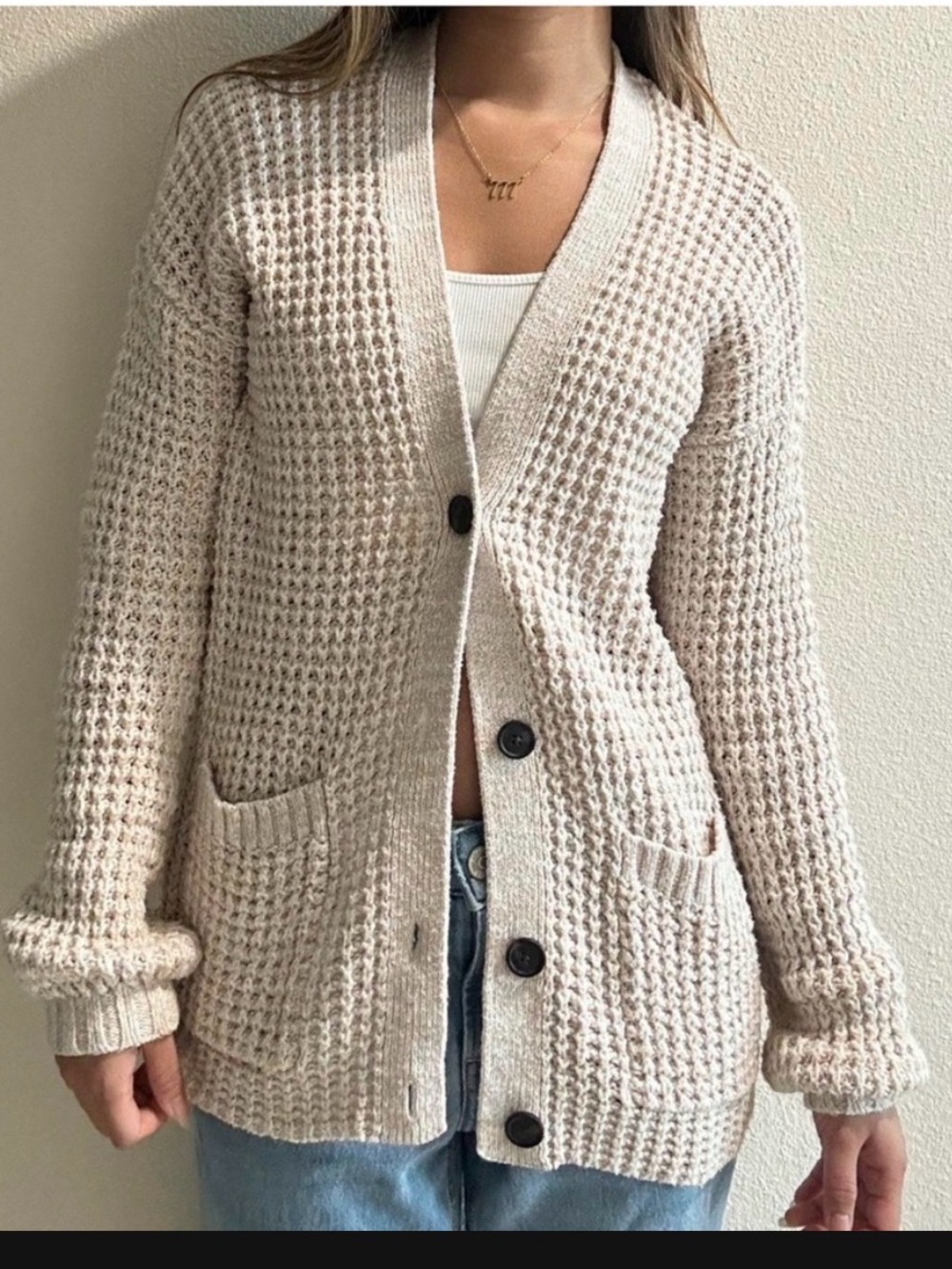 American Eagle Outfitters Waffle-Knit Beige, Cream Button Front Cardigan